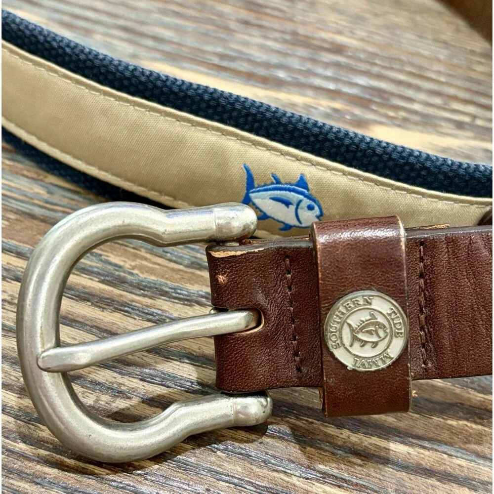 SOUTHERN TIDE Men’s “Skipjack” Ribbon Belt - Sandstone Khaki & Leather - Sz 34W